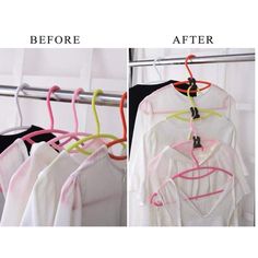 the before and after pictures show how clothes are hung on hangers in different directions