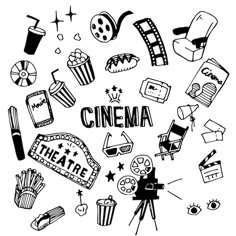 the word cinema surrounded by hand drawn symbols and objects in black and white colors on a white background