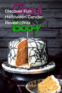 there is a cake that has been decorated with spider webs and the words, halloween gender reveal ideas