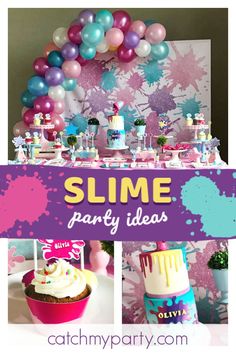 an image of a party with cake and balloons on the table for slime party ideas