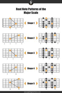 Major scale roots on guitar fretboard diagrams Minor Scale Guitar, Guitar Tabs And Chords, Jazz Guitar Lessons, Learn Guitar Chords