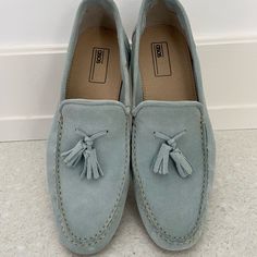 New. Never Used Casual Suede Tassel Loafers With Flat Heel, Casual Suede Tassel Loafers, Spring Suede Loafers With Tassels, Casual Slip-on Loafers With Tassels, Casual Tassel Slip-on Loafers, Casual Flat Loafers With Tassels, Casual Tassel Loafers With Round Toe For Spring, Spring Tassel Slip-on Loafers, Spring Casual Flat Tassel Loafers