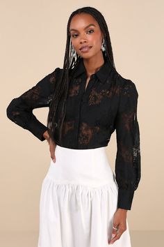 We're already obsessed with all the ways you'll style the Lulus Sheer Excitement Black Sheer Lace Long Sleeve Button-Up Top! Sheer floral lace shapes this enticing top with a collared neckline framed by long sleeves with button cuffs. A hidden, covered button placket secures at the center of the relaxed bodice that finishes at a hip-length hem. Bralette not included. Fit: This garment fits true to size. Length: Size medium measures 25.5" from shoulder to hem. Bust: Great for any cup size. Waist: Long Sleeve Lace Top, Lace Button, Lace Top Long Sleeve, Lace Long Sleeve, Comfortable Room, Sheer Top, Cup Size, Sheer Lace, Long Sleeve Lace