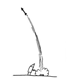 a black and white drawing of a rocket launching into the sky with an arrow pointing upward