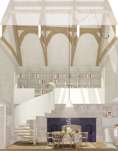 an artist's rendering of a living room and dining area with bookshelves