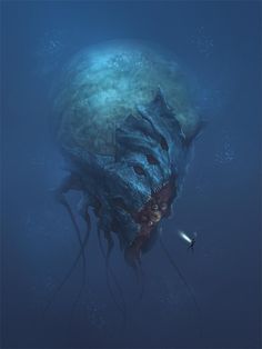 a giant jellyfish in the ocean with its mouth open and it's head above water