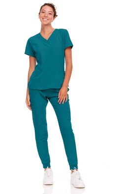 PRICES MAY VARY. Lightweight and Breathable: The cool stretch material is designed to keep you cool and comfortable throughout the work day. Super Soft, Stretchy, Wrinkle resistant Easy Care Fabric for all day comfort. TOP: Short sleeve, V-neck, 4 Pockets including hidden cell phone pocket, Double-needle stitching at seams, side vents. Perforated front and back Air-Flow panels to keep you cool and fresh throughout the day. Pant: Mid-rise Jogger, Double Elastic Waistband with Drawstring, Knit Ank Jogger Pants Style, High Wasted Jeans, Women's Uniforms, Medical Outfit, Safety Clothing, Medical Scrubs, Scrub Sets, Scrub Tops, Petite Size