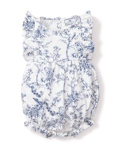 Timeless beauty meets botanical elegance. Featuring hand-drawn illustrations of delicate botanical flowers in a striking shades of blue and white, this classic print is where refined luxury and botanical serenity collide. This darling romper with sweet ruffle hems and sleeves, and delicate pearl buttons, is reminiscent of the Victorian era. The sleepwear is made from the finest quality yarn-dyed cotton and blended with just enough inherently flame retardant fiber to allow it to pass strict CPSC Luxury Sleepwear, Bar Gifts, One Piece Pajamas, Ruffle Romper, Mommy Life, Bubble Romper, Kids Prints, Pearl Buttons, Getting Cozy