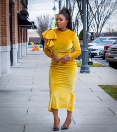 This new season calls for a new velvet to your wardrobe with this yellow velvet bodycon dress. Featuring a round neck with draped sleeves and a slit in the back. Perfect to wear to any occasion, what's not to love ? style with statement earrings and heels to complete the look. Model wearing small Yellow Velvet Dress, Velvet Drapes, Draped Sleeves, Velvet Bodycon Dress, Drape Sleeves, Bodycon Dress With Sleeves, Love Style, Sleeve Bodycon Dress, Xl Dress