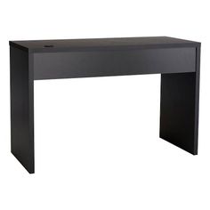 an office desk with a black finish on the top