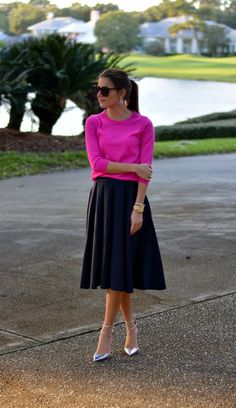 The Quarter Life Closet: Pink and Navy Blue Skirt Outfits, Navy Dress Outfits, A Line Skirt Outfits, Black Silk Skirt, Sunday Outfit, Jw Fashion, Black Skirt Outfits, Pink Midi Skirt, Professional Branding