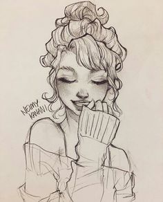 a drawing of a woman with curly hair holding a mitt to her face and smiling