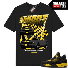 "Thunder 4s Jordan matching shirt by Sneaker Match Tees brand. Official Sneaker Match Tees shirt designed to match the Jordan 4 \"Thunder\" retro sneakers. *Sneakers are for matching purposes only, NOT included in the sale* True to size Men's shirt 100% Soft Cotton Regular Fit" Retro Black Sneakers With Graphic Print, Black Retro Sneakers With Graphic Print, Retro Graphic Print Sneakers For Streetwear, Graphic Print Athletic Tops For Streetwear, Yellow Casual Sneakers With Graphic Print, Casual Yellow Sneakers With Graphic Print, Sporty Cotton Sneakers With Graphic Print, Thunder 4s Outfit, Jordan 4 Thunder