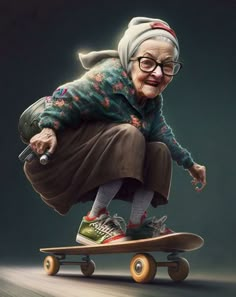 an old woman riding a skateboard on top of a wooden floor with her legs spread out