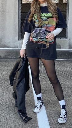 Egirl Club Outfits, Band Tee Festival Outfit, Invert Triangle Outfit, Good Things Festival Outfit, Feminine Graphic Tee Outfit, Soft Grunge Dress Outfits, Womens Rock And Roll Outfits, Rave Fits Winter, Band Tee Skirt Outfits