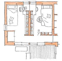 a drawing of a bedroom with two beds and an overhead view of the room from above