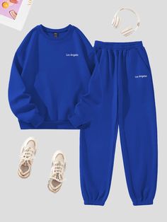 Royal Blue Casual Collar Long Sleeve  Letter  Embellished Slight Stretch  Women Clothing Dropped Shoulder Sweatshirt, Sweatpants Set, Sporty Outfits, Online Clothing Stores, Two Piece Outfit, Womens Sweatpants, Black Casual, Latest Fashion Clothes, Womens Fashion Casual