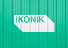 the word ikonik is written in white on a green background with vertical stripes