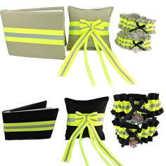 yellow and black accessories are displayed on a white background, including an arm garter