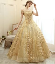 Gold tulle lace long ball gown dress formal dress  Product number: cute2946 Material: tulle, lace Size: US 2, US 4, US 6, US 8, US 10, US 12 and Custom size  Custom made: For custom order, we need the following information in the order notes when you check out : Bust:______ Waist:______ Hips:_______ Shoulder to floor: _______  US 2     Bust(inch)32 1/2        Waist(inch)25 1/2    Hips(inch)35 3/4   Shoulder to Floor(inch)58 US 4     Bust(inch)33 1/2        Waist(inch)26 1/2    Hips(inch)36 3/4 Off The Shoulder Prom Dress, Gold Tulle, Off Shoulder Evening Dress, Gold Prom Dresses, A Line Evening Dress, Evening Party Gowns, Princess Ball Gowns, Designer Evening Dresses, Party Gown