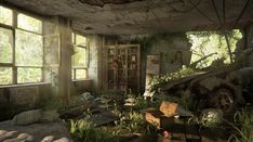 an abandoned room with lots of windows and plants