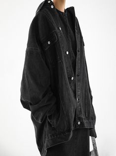 An oversized trucker jacket in washed black denim. Large and oversized design. Zippered sleeve pocket and button through detail. Model is in MINUSEY ONE SIZE. ✔️ Free worldwide express shipping over $100✔️ Loved by 6,500+ customers✔️ Limited edition collections, maximum styleStay ahead of the trend with can’t-find-anywhere-else staples. Your closet will thank you 💕* MINUSEY ONE SIZE = EU 34-36, US 2-6* 100% Cotton Denim* Dry clean* Made in Korea - Model Height: 172cm/5'7" (US 2, EU 34) Denim Oversized Jacket, Denim Trucker Jacket, Oversized Jacket, Denim Bag, Leather Dresses, Trucker Jacket, The Trend, Sweater Blouse, Light Jacket