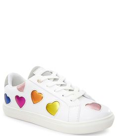 From Kurt Geiger London&#x2C; the Girls' Lane Love Heart Metallic Detail Leather Lace-Up Sneakers feature:Leather upperMulticolored heart detailingLace-up stylingFabric liningRubber outsoleImported. R13 Kurt Sneakers, Spring Rainbow High-top Sneakers, Rainbow Kurt Geiger Bag, Kurt Geiger White Boots, Heart Sneakers, Kurt Geiger Shoes, London Shoes, Girls Shoes Kids, Tour Outfits