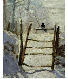 a painting of a person sitting on top of a snow covered hill next to a wooden fence