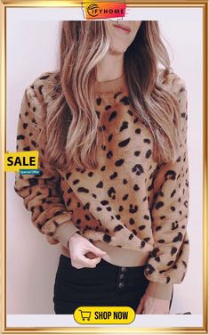 Brown Crewneck Leopard Print Fleece Sweatshirt Trendy Long Sleeve Fleece Tops, Brown Fleece Winter Top, Brown Fleece Top For Winter, Winter Brown Fleece Top, Winter Fleece Top With Crew Neck, Winter Fleece Crew Neck Top, Fleece Crew Neck Top For Winter, Long Sleeve Fleece Tops For Winter, Winter Long Sleeve Fleece Tops