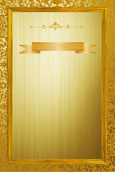 a gold background with an ornate frame and ribbon