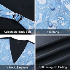 Silk blend + Polyester Button closure 4pc Suit Vest Set: Vest + Tie + Pocket Square +Cufflinks. Same design, Perfect match. Men's Dress Vest: Fashion Design, solid and Paisley tuxedo vest, V neck, 2 real pockets,5 button front, and a full back style, this vest features an adjuster strap in the back to take in or let out for a proper fit. EVN0678B1K Vest Size: Tie Width: 3.4 inches & Tie Length: 59 inches; Handkerchief size: 12.2 inches x 12.2 inches. Occasions for father's day/graduation ceremon Elegant Blue Three-piece Suit With Buttons, Elegant Blue Single Button Set, Blue Semi-formal Sets With Single Button, Blue Semi-formal Set With Single Button, Formal Blue Tuxedo Set, Blue Tuxedo Formal Sets, Blue Tuxedo Business Sets, Blue Semi-formal Sets With Buttons, Blue Sleeveless Suits For Formal Occasions