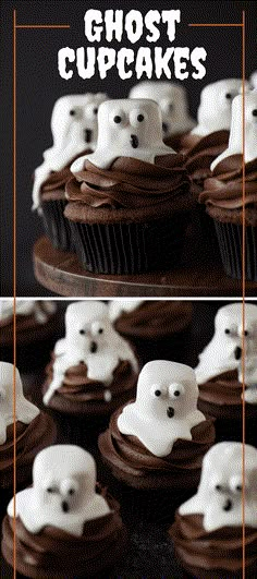 cupcakes with chocolate frosting and ghost faces on them