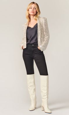 Sparkle and shine in this silver mini sequin jacket that sets the scene for you to steal the spotlight the moment you arrive. Sequin cropped blazer Draped collar Shoulder pads Cropped Lined Length: 20 3/4" Shoulder width: 14 7/8" Self: 100% Polyester; Lining: 100% Polyester Style #: G110J1524 Draped Collar, Steal The Spotlight, Sequin Jacket, Cropped Blazer, Sherpa Jacket, Oversized Jacket, The Scene, Creative Director, Modern Woman