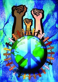 an image of people holding hands around the earth with peace signs on it and blue background