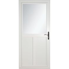 a white door with a mirror on the front and side paneled in black hardware