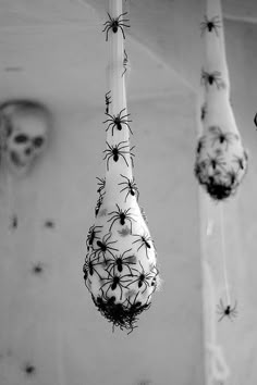 black and white photograph of spider webs hanging from the ceiling in front of a shower