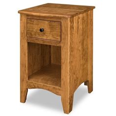 a wooden night stand with two drawers on one side and an open drawer on the other