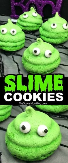 some green cookies with googly eyes on them and the words slime cookies above it