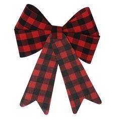 a red and black plaid bow tie on a white background