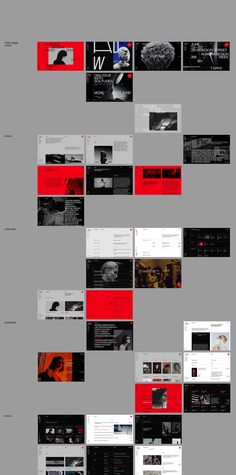 a large number of different types of webpages on a gray background with red and black elements