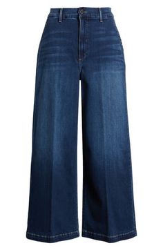 Light fading at the thighs relaxes the dramatic, polished style of stretchy trouser jeans flaunting a high waist and full-length wide legs. 26 1/2" inseam, 23" leg opening; 12" front rise; 16" back rise (size 29) Zip fly with button closure Front slant pockets; back patch pockets 93% cotton, 5% polyester, 2% spandex Machine wash, tumble dry Made in the USA of imported fabric Elegant Wide Leg Jeans With Five Pockets, Elegant Wide-leg Jeans With Five Pockets, Elegant Wide Leg Relaxed Fit Jeans, Elegant Wide Leg Flare Jeans For Work, Elegant Wide Leg Flare Jeans For Fall, Elegant Dark Wash Bottoms For Fall, Elegant Wide Leg Dark Wash Jeans, Elegant Dark Wash Fall Bottoms, Modern Wide-leg Cropped Jeans For Work