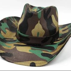 New, Never Worn, Unisex Camouflage Cowboy/Cowgirl Coated Straw Hat. Vibrant Camouflage Colors. Able To Mold To Desired Style. This Hat Will Not Disappoint! No Lowballing!! Low Offers Will Not Be Considered! Adjustable Camouflage Hat For Summer, Military Style Green Summer Hat, Military Style Green Hat For Summer, Green Military Style Summer Hat, Camouflage Hat With Curved Brim For Beach, Adjustable Camouflage Hat For Beach, Green Military Hat With Wide Brim, Adjustable Camouflage Hat For The Beach, Military Hat With Curved Brim For Summer