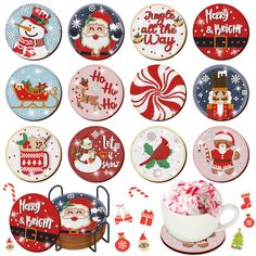 twelve christmas coasters with santa and snowman designs on them, all decorated in different styles