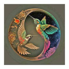 a painting of two hummingbirds flying in front of a moon with roses on it