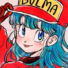 a drawing of a girl with blue hair wearing a red hat and holding a baseball bat