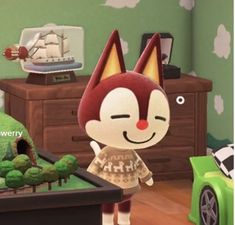 an animal crossing character standing in front of a toy car