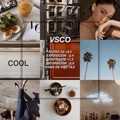 a collage of photos with food and drinks on them, including an advertisement for vsco