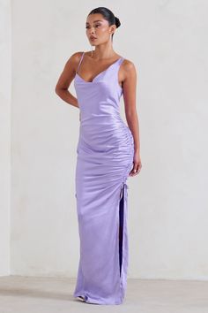 Our latest satin slip dress Belonging certainly belongs in your wardrobe this season. boasting an asymmetric silhouette with a draped cowl neckline and one single cami strap. Accentuating your curves with delicate side ruching. this lilac maxi dress would suit any special occasion from date nights to destination weddings.Features- Premium satin fabric- Asymmetric cowl neckline- Single adjustable cami strap- Plunging back- Invisible zip closure- Side ruching- Split hemline- Maxi lengthSizing & Fi Lilac Maxi Dress, Date Nights, Cowl Neckline, Invisible Zip, Satin Slip, Satin Slip Dress, Destination Weddings, Satin Fabric, Date Night