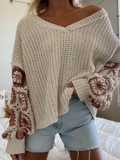 model is wearing a size medium <3 Olive Lynn, Quilted Sleeves, Classic Sweater, Sweater Gift, Cute Sweaters, Sweater Sleeves, Fall Winter Outfits, Soft Knits, Sleeve Sweater