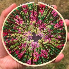 a hand holding a small embroidery project with trees in the center and pink flowers on it